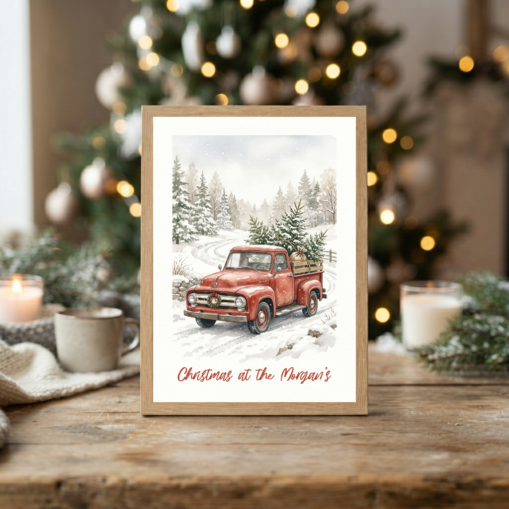 Personalised Red Truck Christmas Wall Art, Vintage Winter Scene Print, Festive Holiday Decor