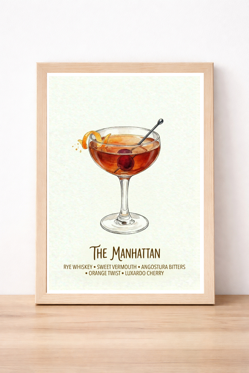The Manhattan Cocktail Recipe Print, Classic Rye Whiskey Drink Wall Art, Vintage Bar Decor, Home Mixology Illustration