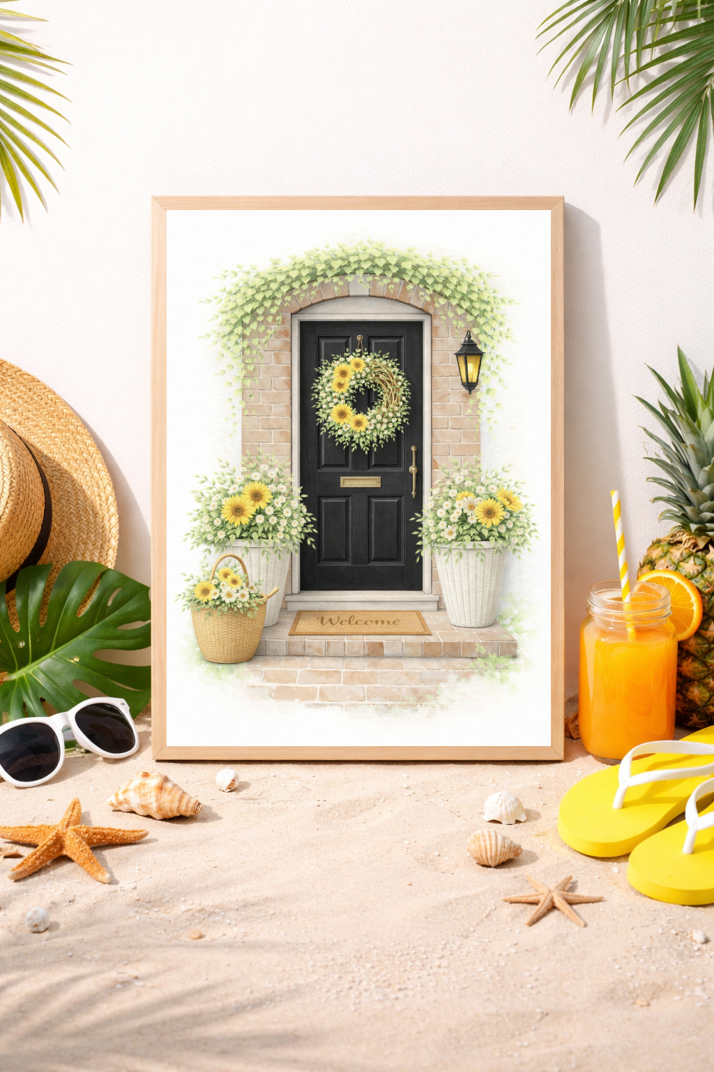 Black Door Summer Cottage Door Wall Art – Rustic Sunflower Entrance Print, Farmhouse Decor, Country Home Illustration