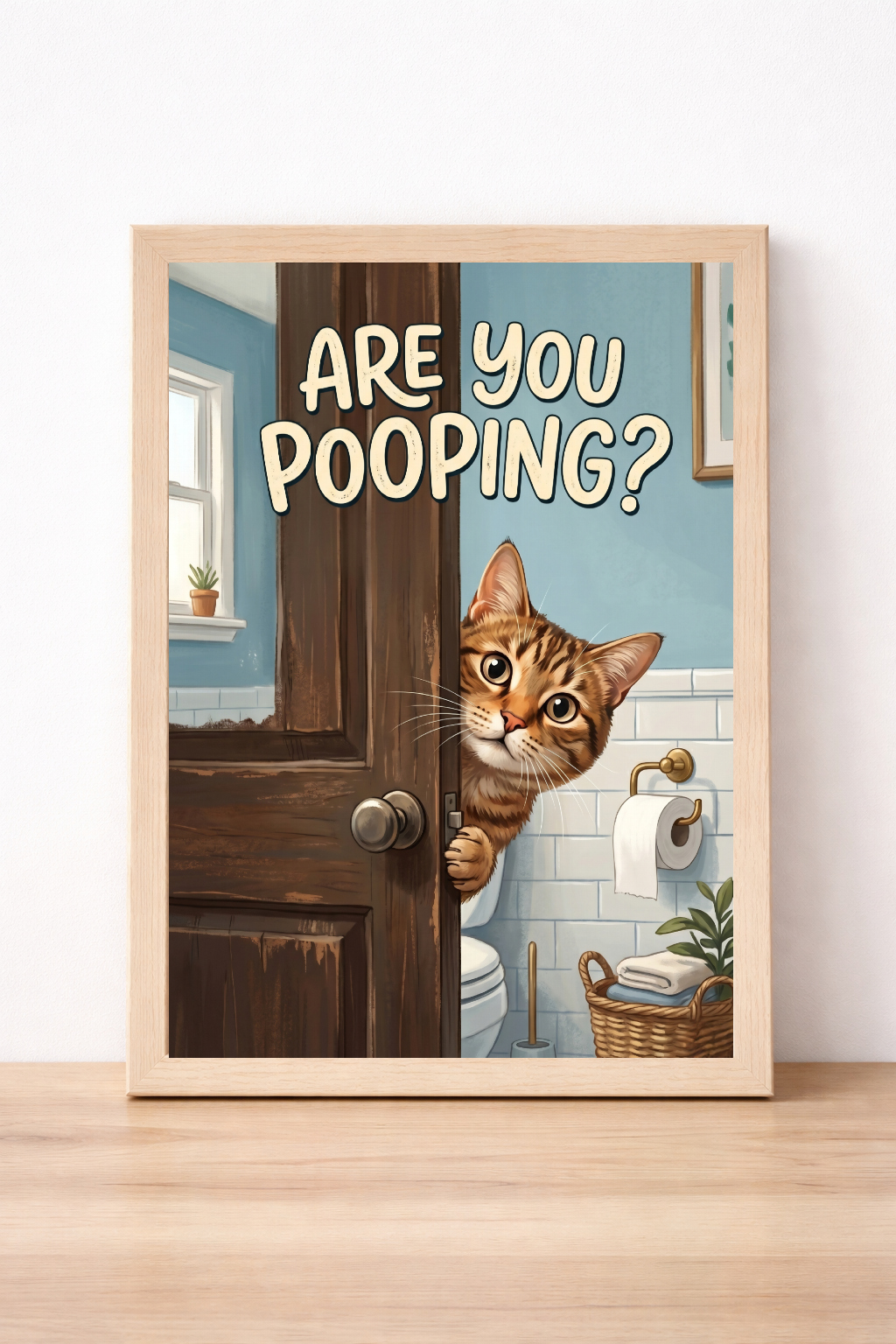 Are You Pooping Cat Bathroom Print Humorous Tabby Illustration Quirky Home Decor