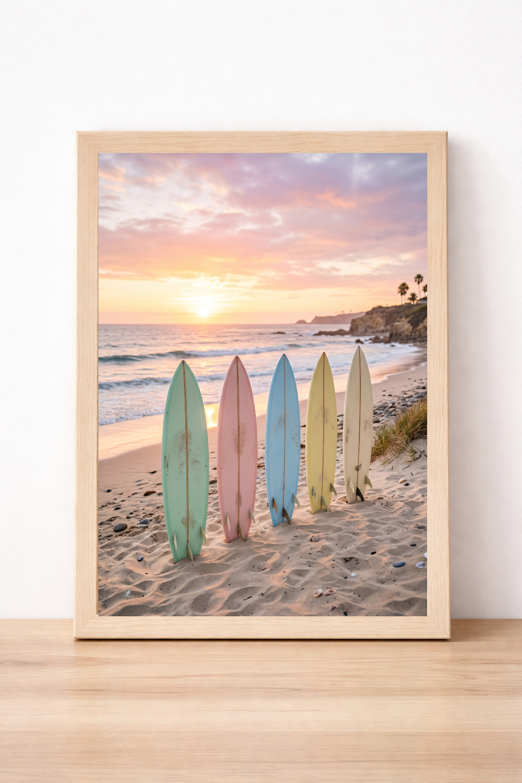 Pastel Surfboards Beach Wall Art Summer Sunset Coastal Photography Print, Nautical Decor, Contemporary Home Illustration