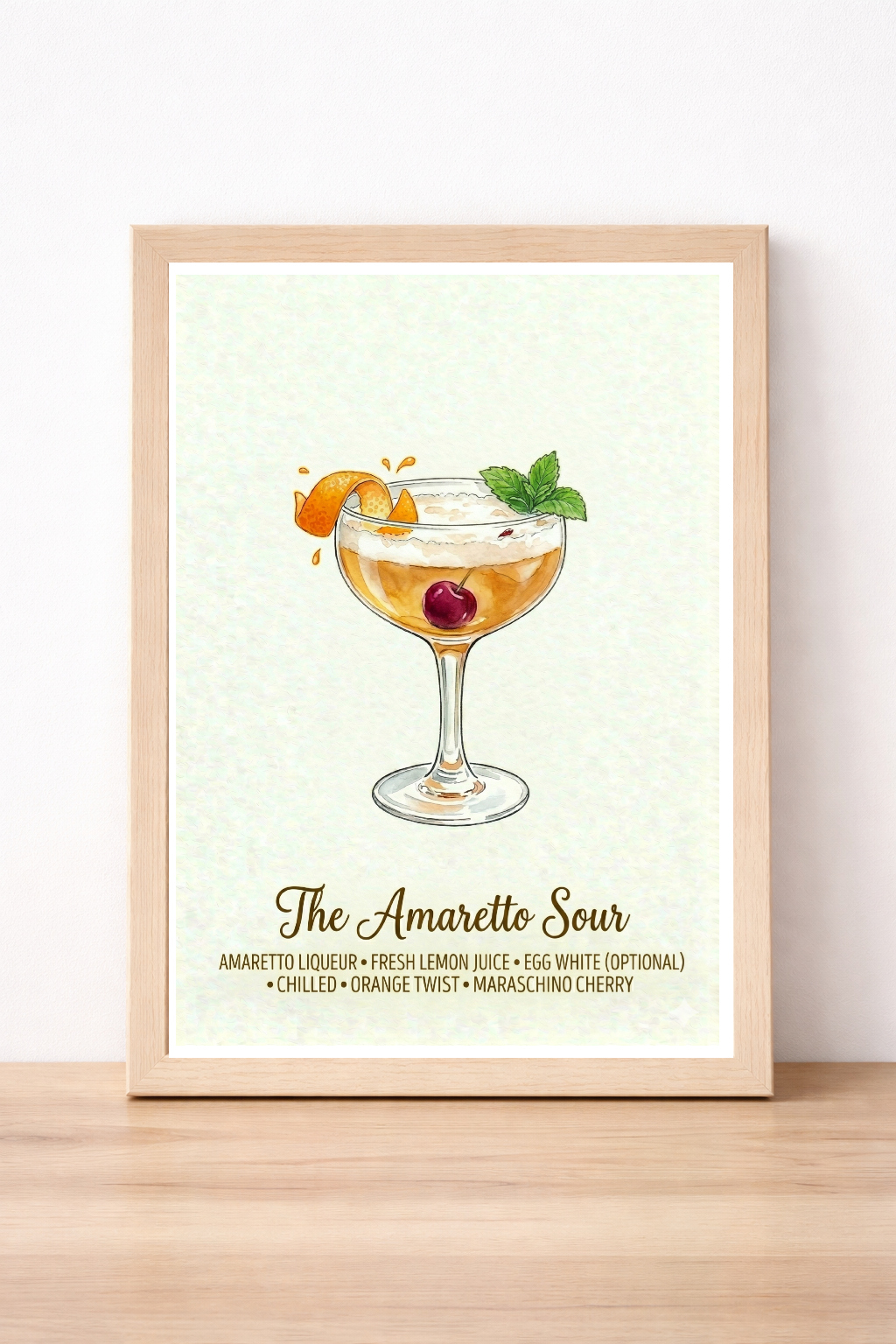 The Amaretto Sour Cocktail Recipe Print, Watercolour Alcohol Wall Art, Modern Kitchen Decor