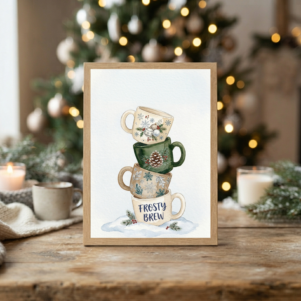 Festive Mug Stack Christmas Print, Cosy Winter Cups Illustration, Rustic Holiday Decor