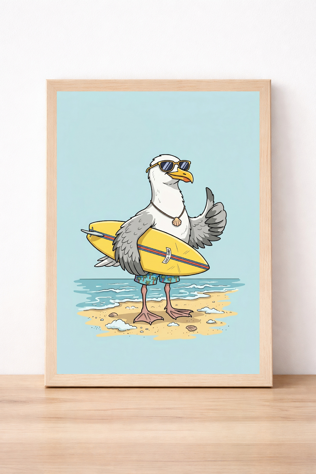 Surfer Seagull Summer Wall Art Quirky Beach Illustration Coastal Fun Decor