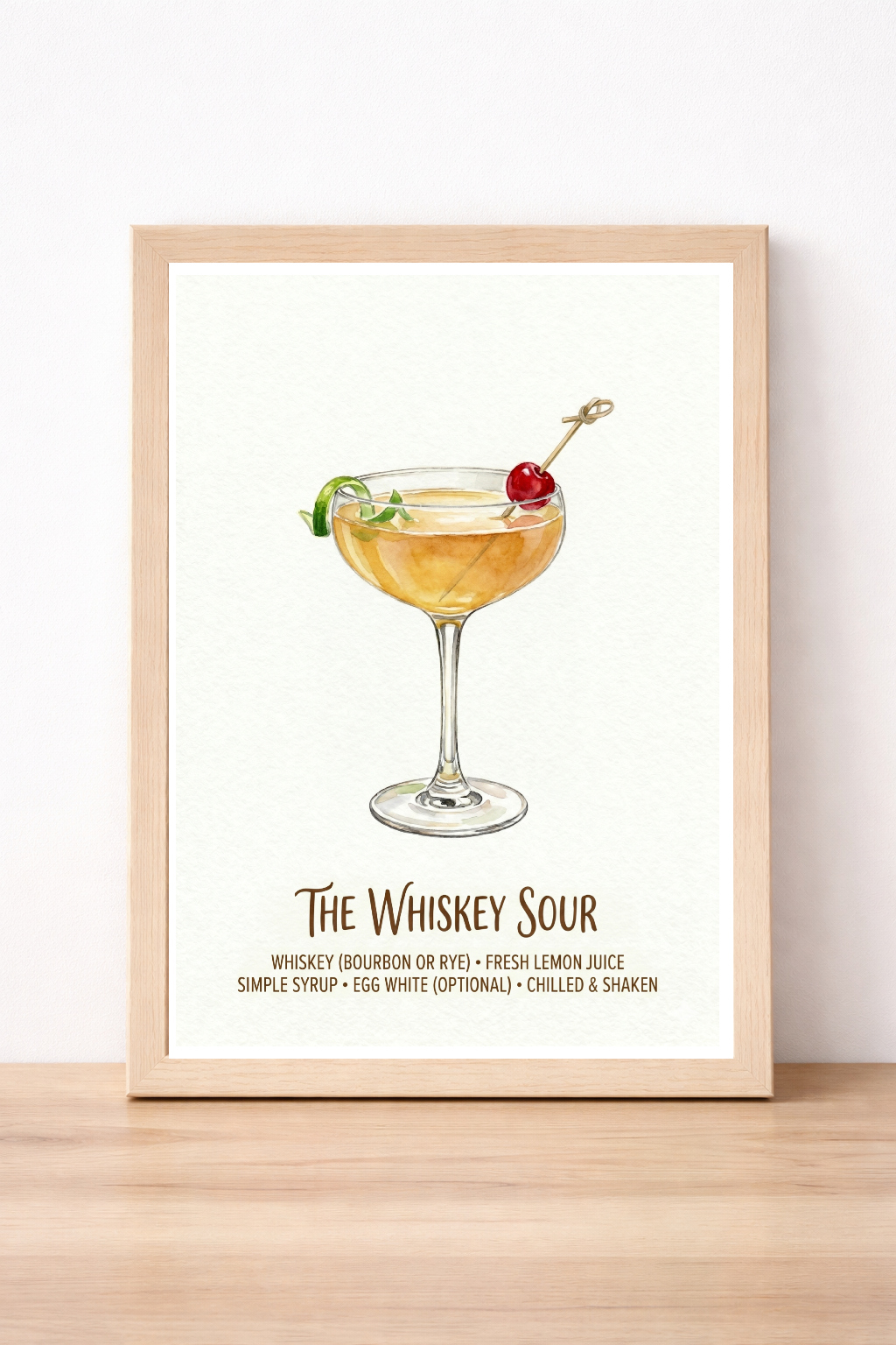 Whiskey Sour Cocktail Recipe Print, Classic Alcohol Wall Art, Modern Bar Decor, Home Mixology Illustration