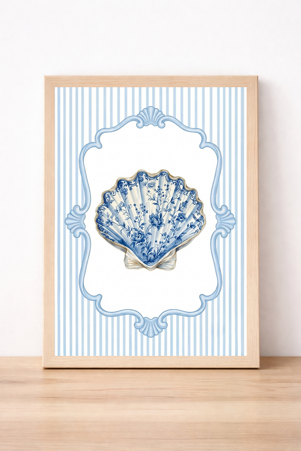 Blue And White Shell Wall Art, Coastal Summer Print, Nautical Kitchen Decor