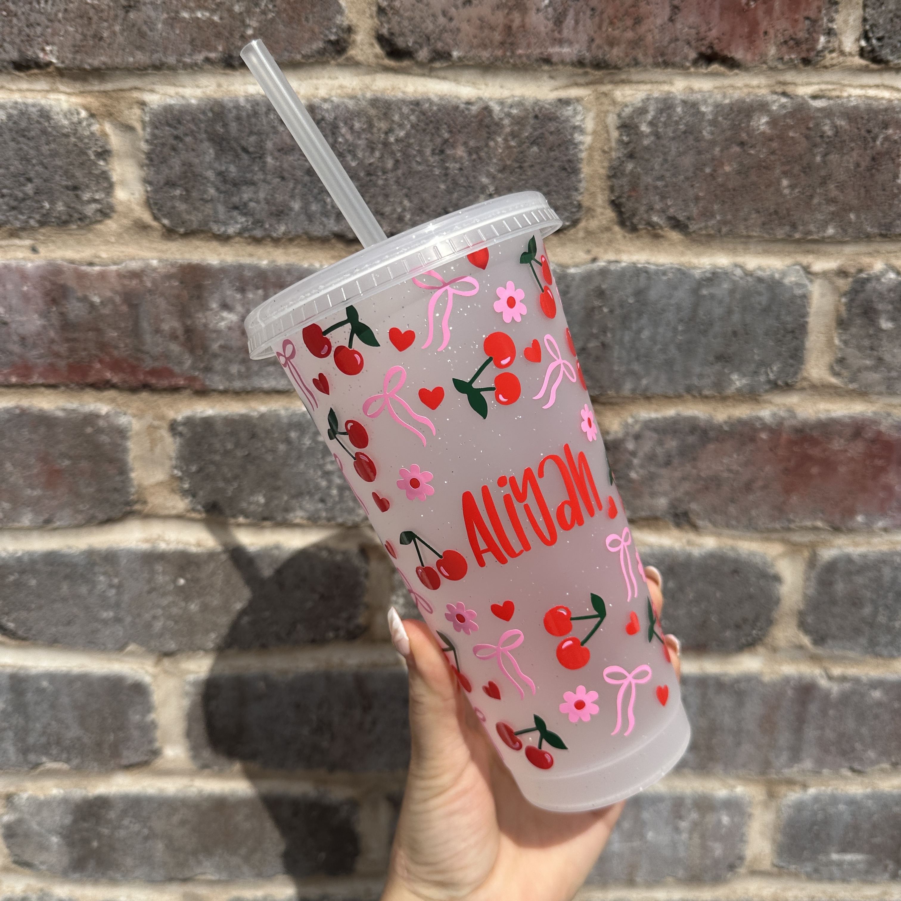 Personalised Cherry Pattern Cold Cup, Pink Floral Design, Fun Summer Drinkware