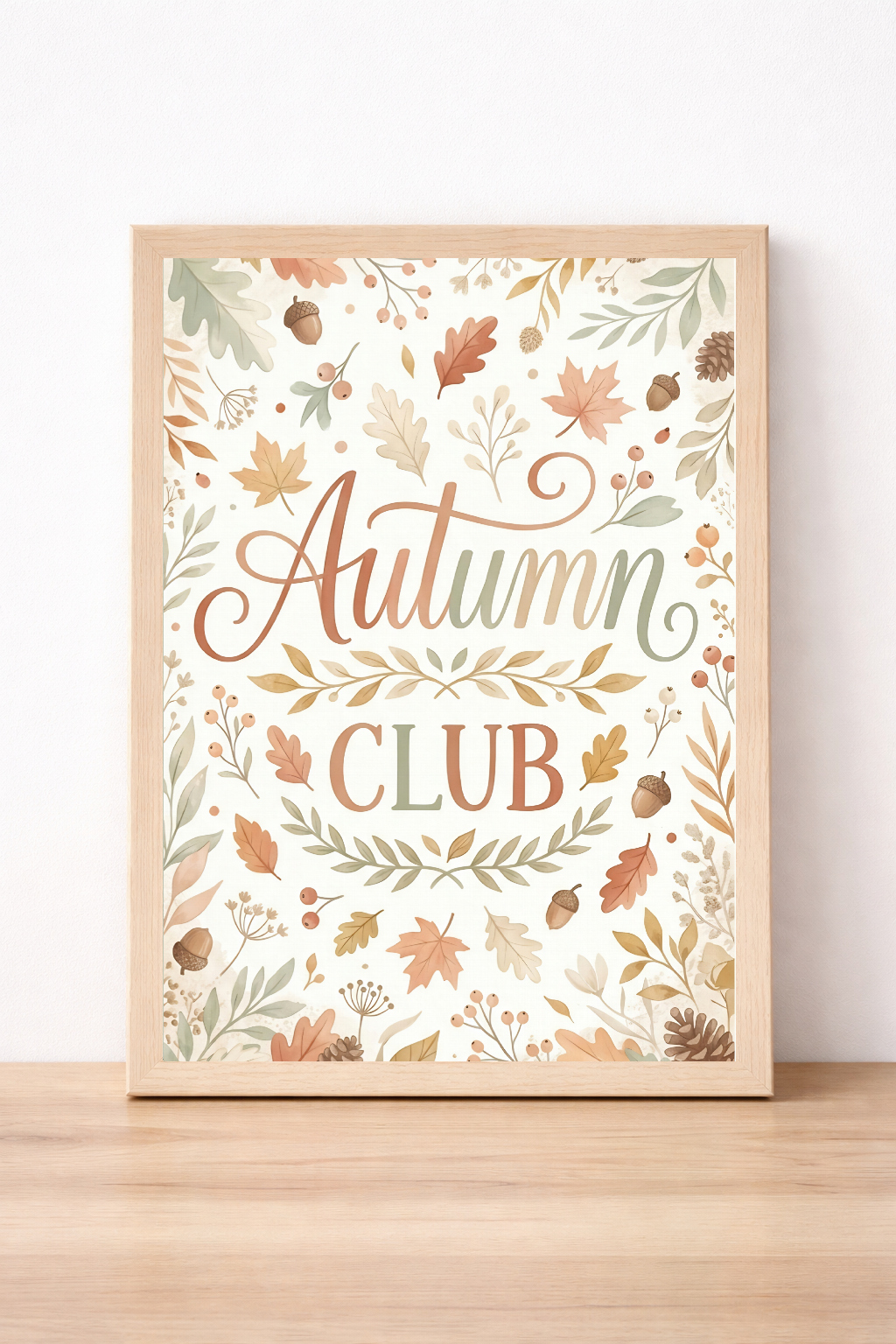Autumn Club Wall Art, Seasonal Leaf And Acorn Print, Rustic Halloween Home Decor