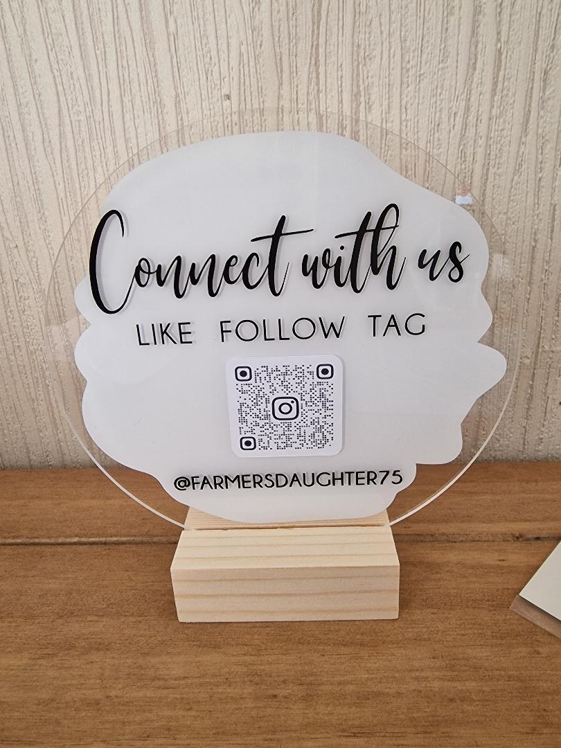 Connect With Us Social Media Handle Circle Acrylic Plaque Sign With Wooden Base
