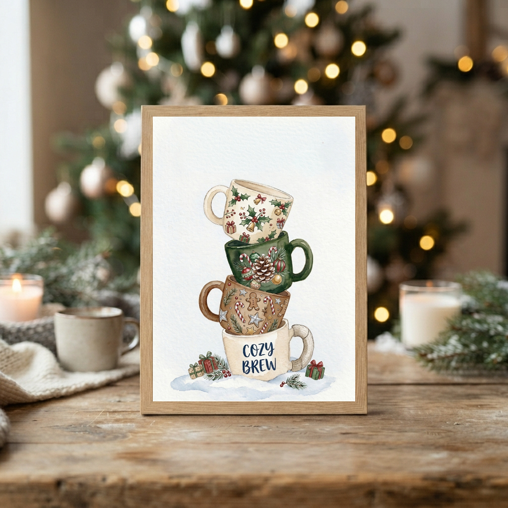 Cozy Brew Christmas Wall Art Festive Mug Stack Print Rustic Holiday Decor
