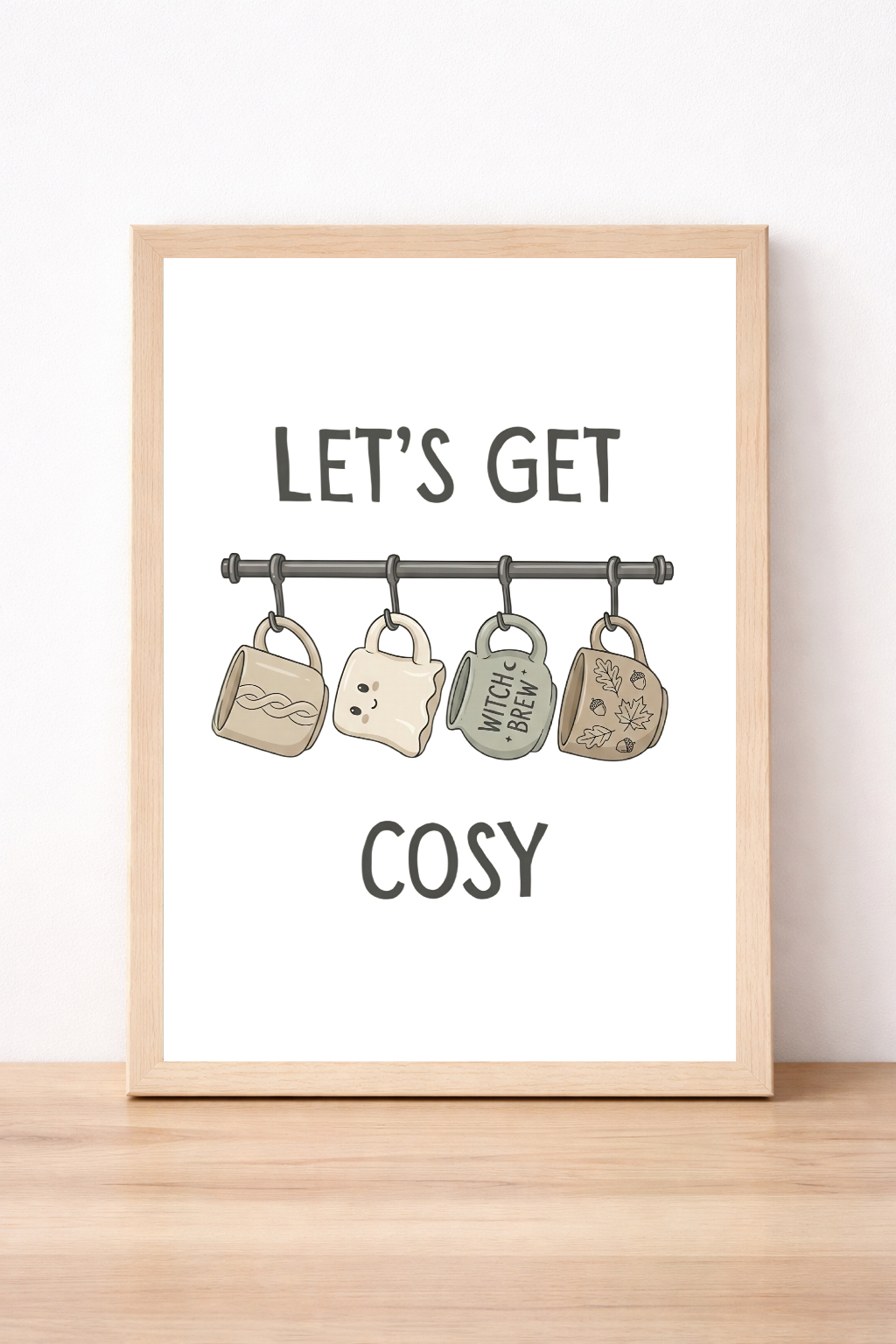 Lets Get Cosy Autumn Halloween Wall Art, Rustic Mug Illustration, Cosy Home Decor Print