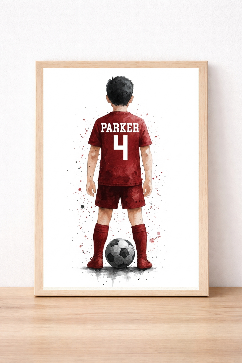 Personalised Red Football Player Children's Print, Watercolour Sports Art, Custom Name Decor