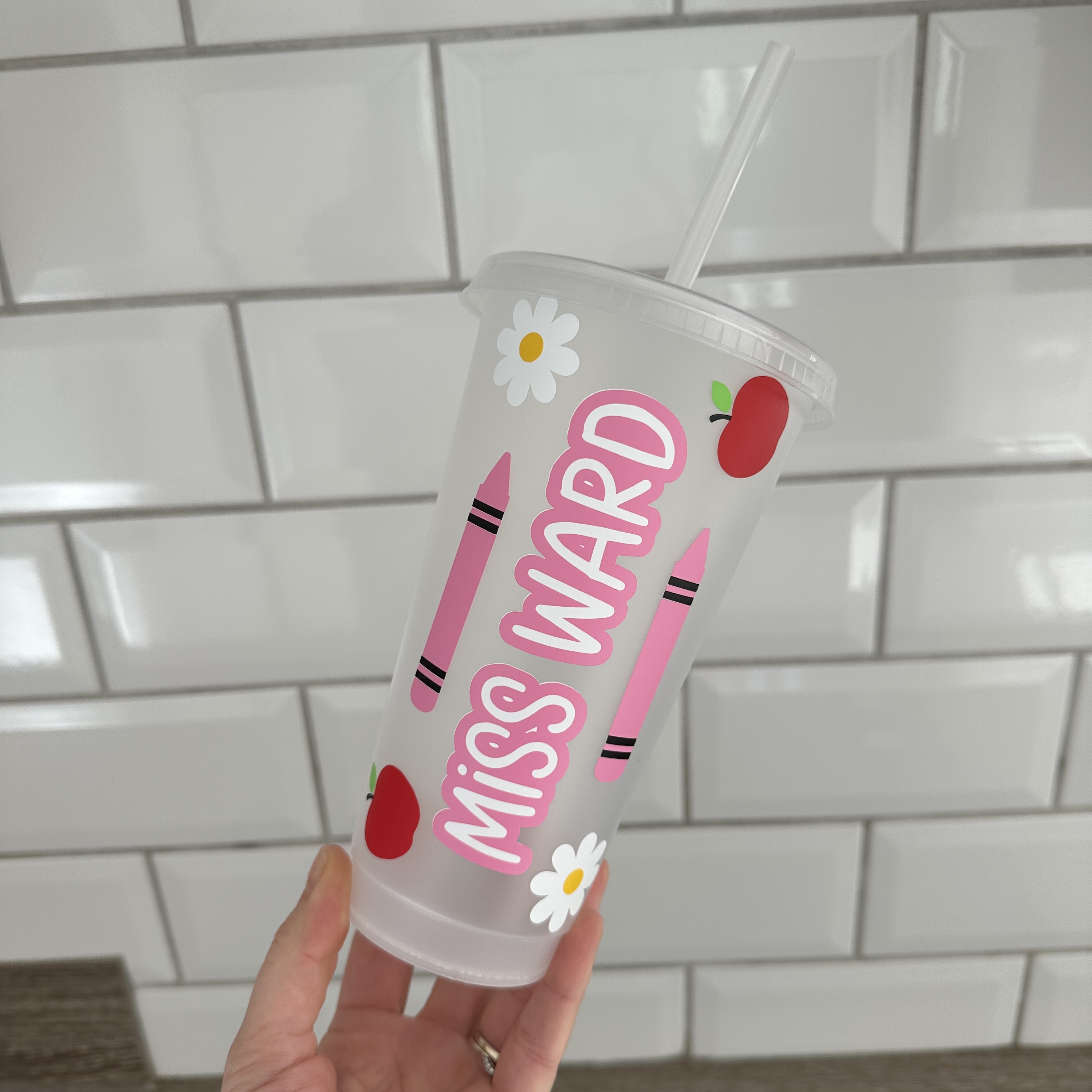 Personalised Teacher Cold Cup, Pink Crayon And Apple Design, Custom Name Gift, School Decor