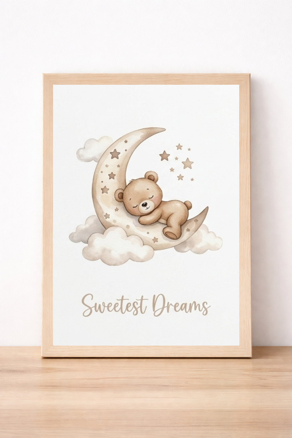 Sweetest Dreams Bear And Moon Children's Print, Nursery Decor, Whimsical Cloud Illustration