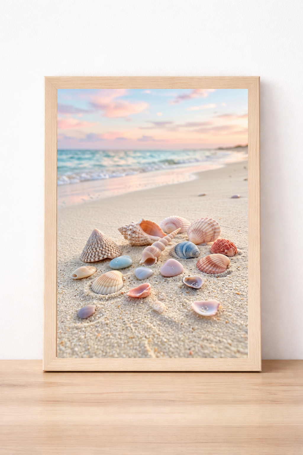 Seashell Beach Scene Wall Art Coastal Summer Print Pastel Ocean Landscape Decor