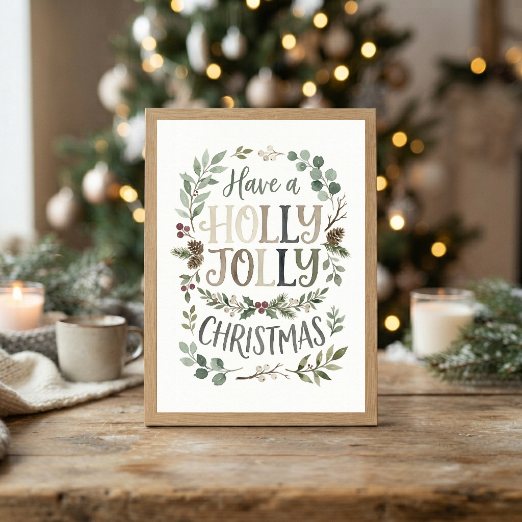 Have A Holly Jolly Christmas Print, Festive Typography Wall Art, Rustic Holiday Decor, Botanical Wreath Illustration
