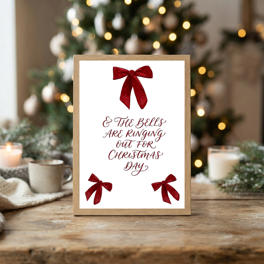 And The Bells Are Ringing Out For Christmas Day Print, Festive Red Bow Typography, Holiday Home Decor