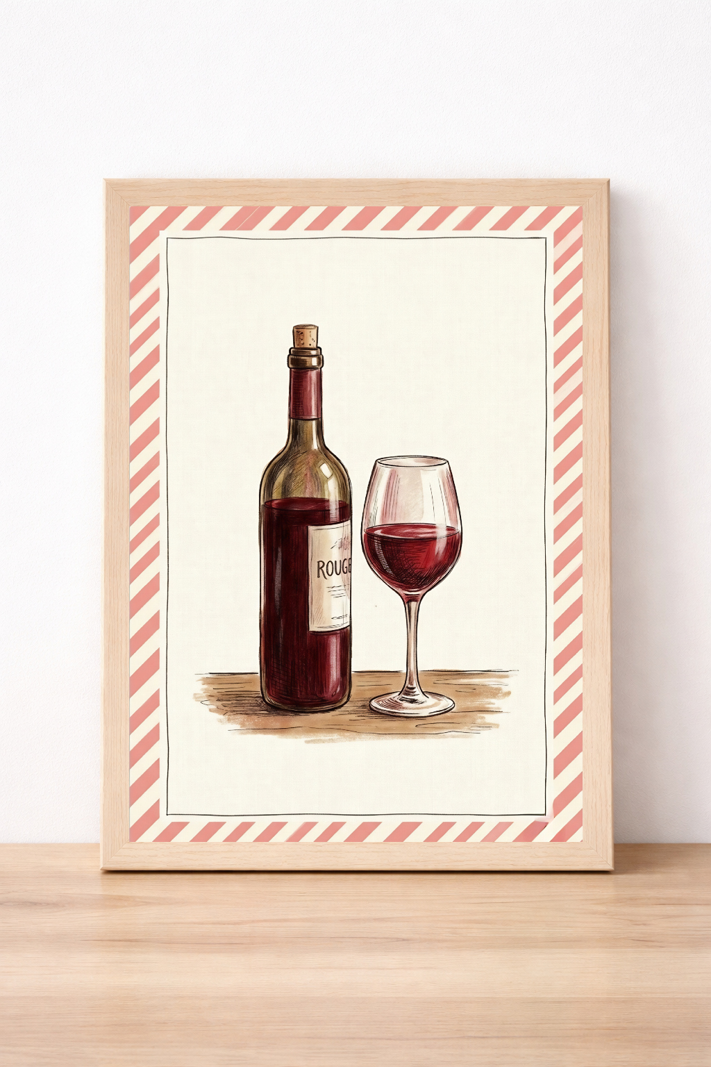 Red Wine Bottle And Glass Print, Rustic Alcohol Wall Art, Kitchen Decor, Vintage Home Illustration