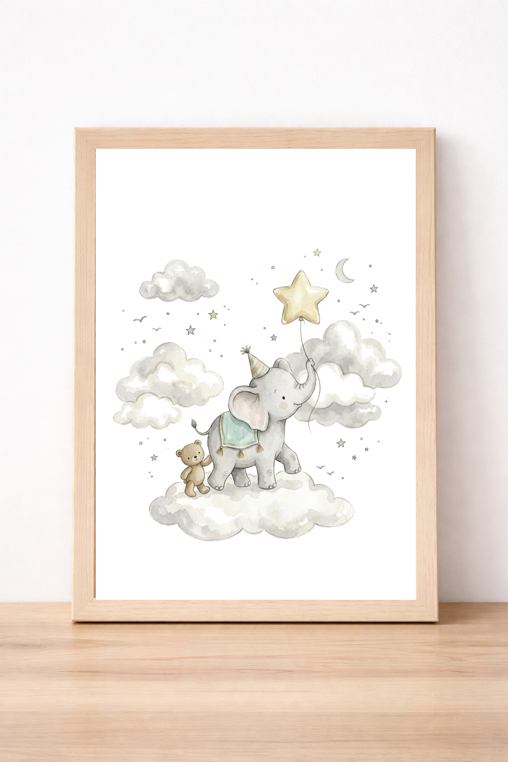 Elephant And Teddy Children's Print, Watercolour Nursery Wall Art, Whimsical Cloud And Star Decor