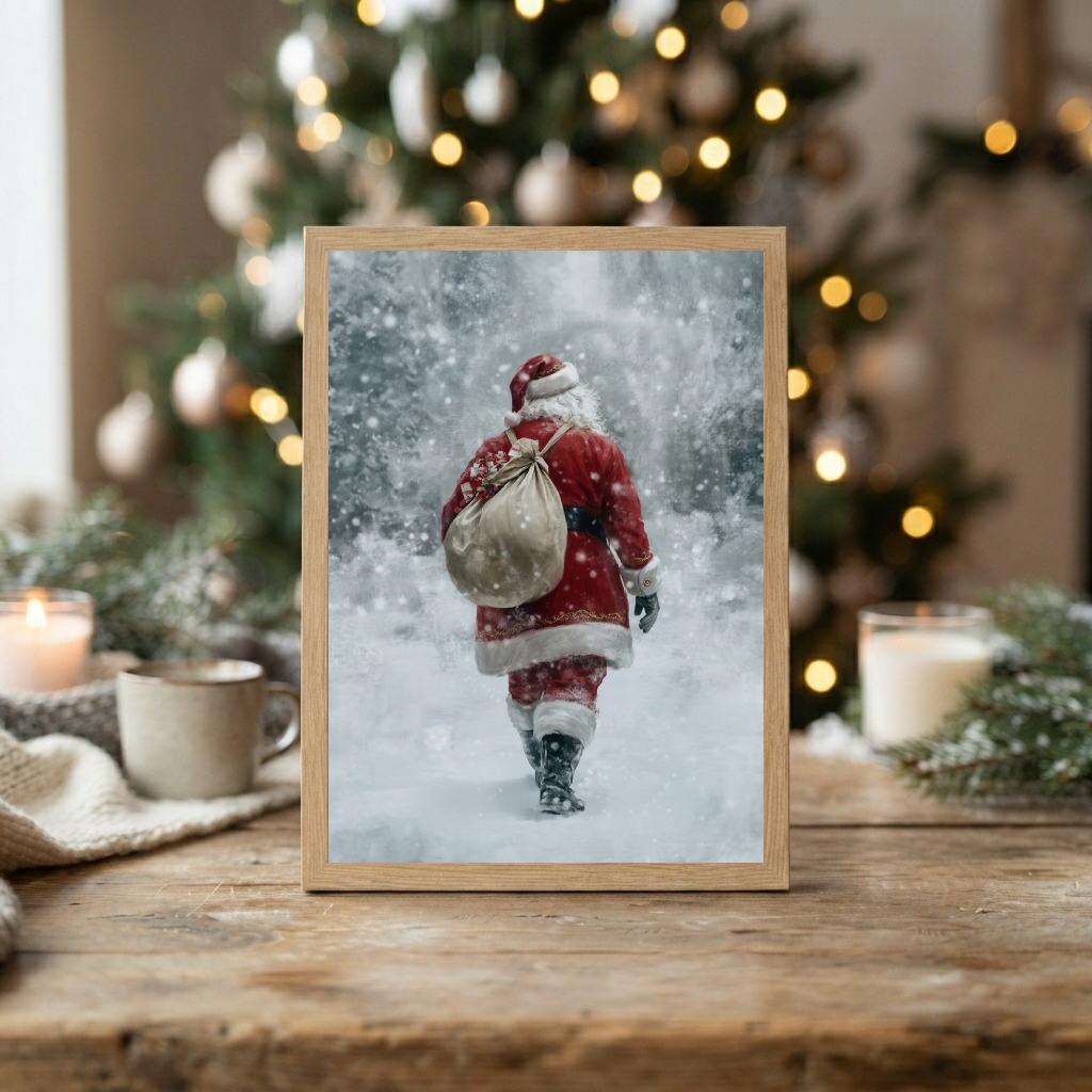 Traditional Santa Claus Christmas Print, Festive Winter Scene Wall Art, Rustic Holiday Decor