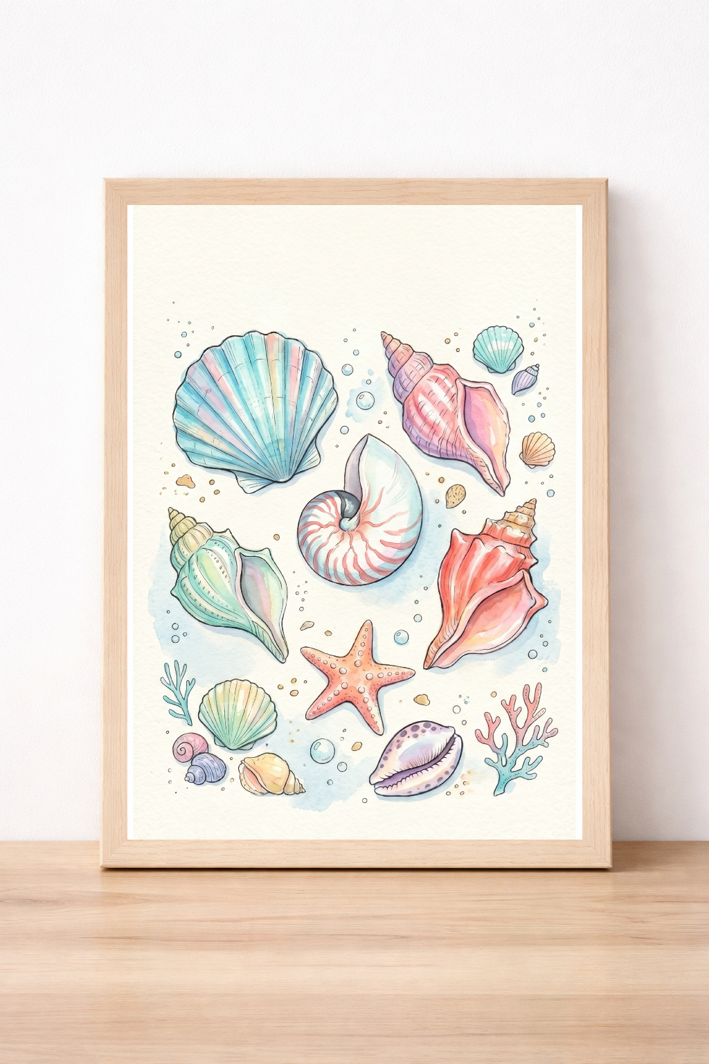 Pastel Seashell Collection Wall Art, Watercolour Summer Print, Coastal Beach Decor, Nautical Illustration
