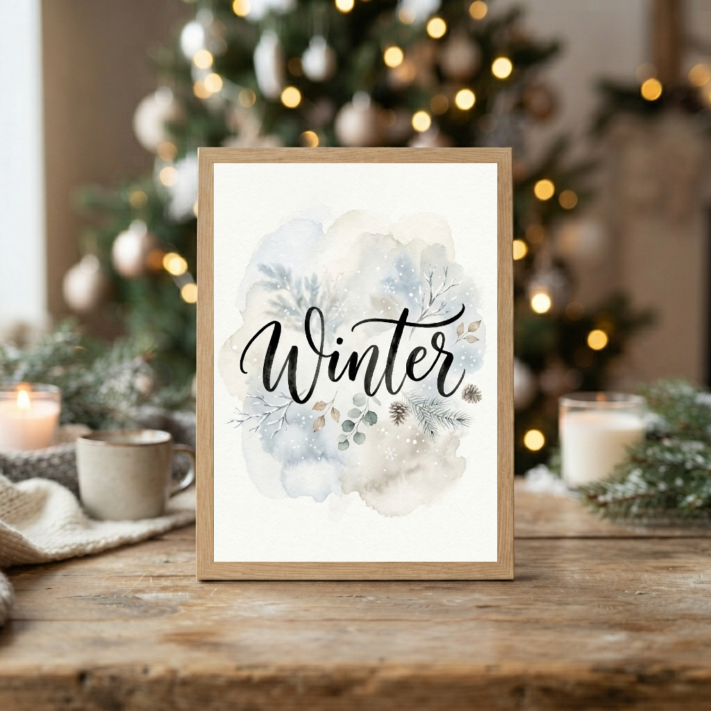 Winter Watercolour Christmas Print, Festive Botanical Wall Art, Rustic Seasonal Home Decor