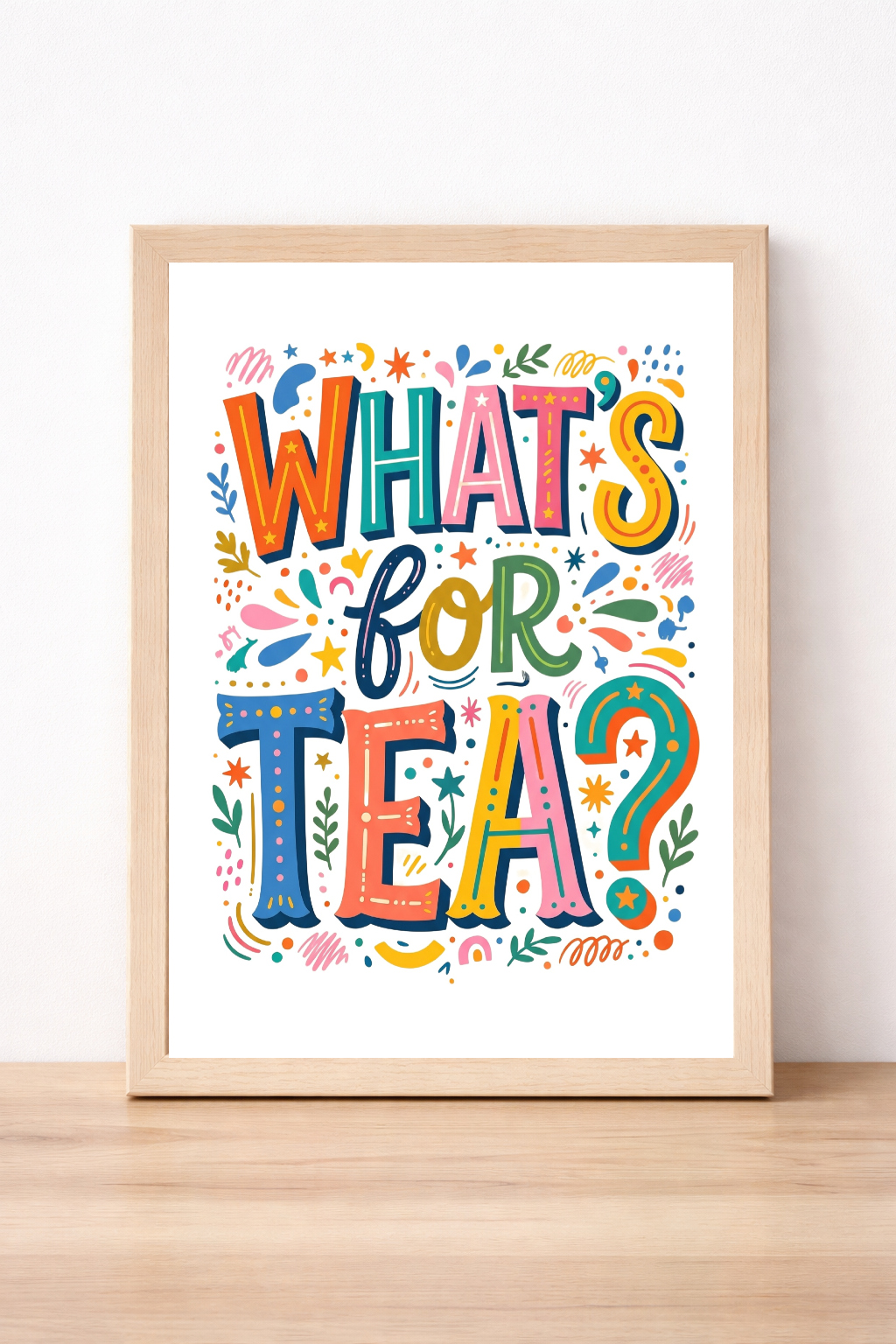 Whats For Tea Colourful Typography Kitchen Print, Playful Home Decor, Modern Kitchen Illustration