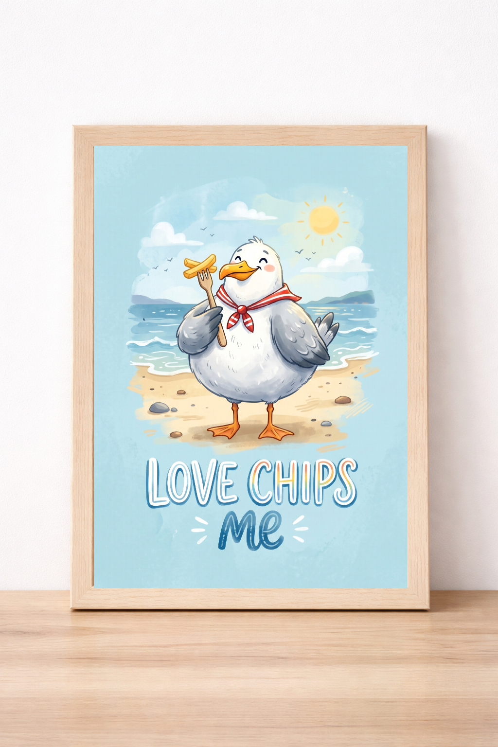 Love Chips Me Seagull Kitchen Print, Coastal Decor, Funny Print, Whimsical Beach Illustration