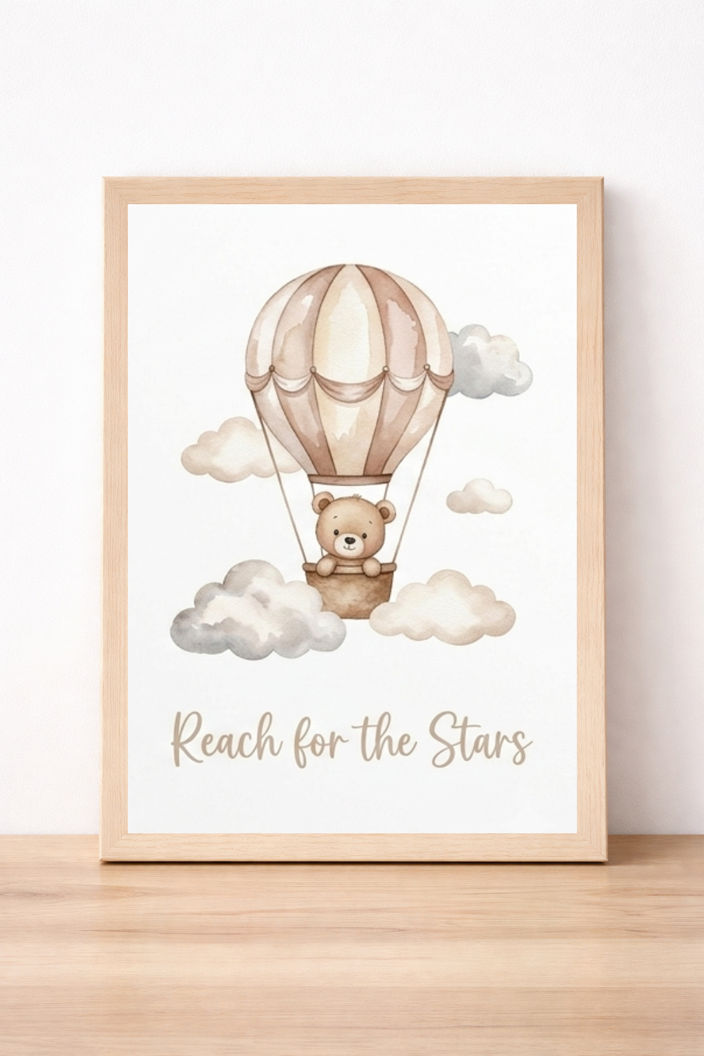 Reach For The Stars Childrens Print, Bear In Hot Air Balloon Wall Art, Whimsical Nursery Decor