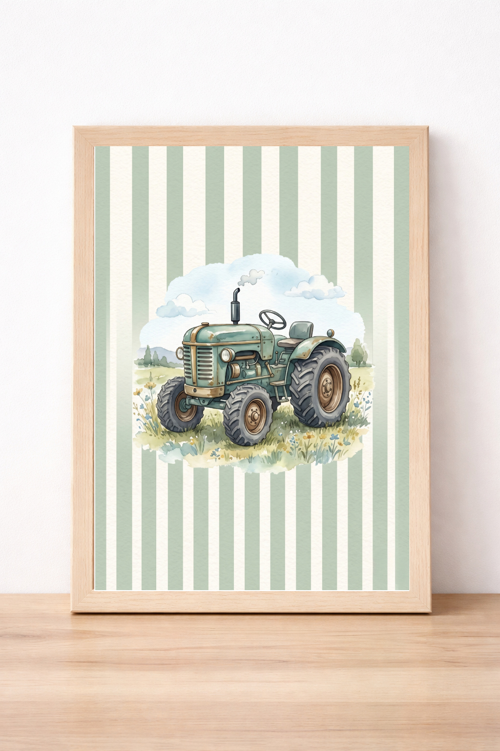 Green Tractor Children's Print, Vintage Farm Vehicle Illustration, Striped Nursery Decor