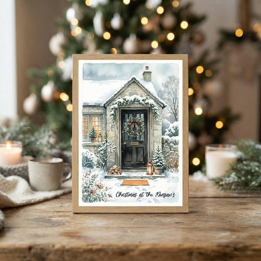 Christmas At The Personalised Black Door Cottage Print, Festive Winter Scene, Rustic Holiday Home Decor
