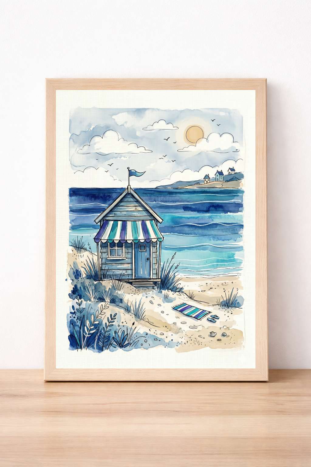 Whimsical Coastal Beach Hut Wall Art, Summer Seaside Illustration, Watercolour Ocean Scene Decor