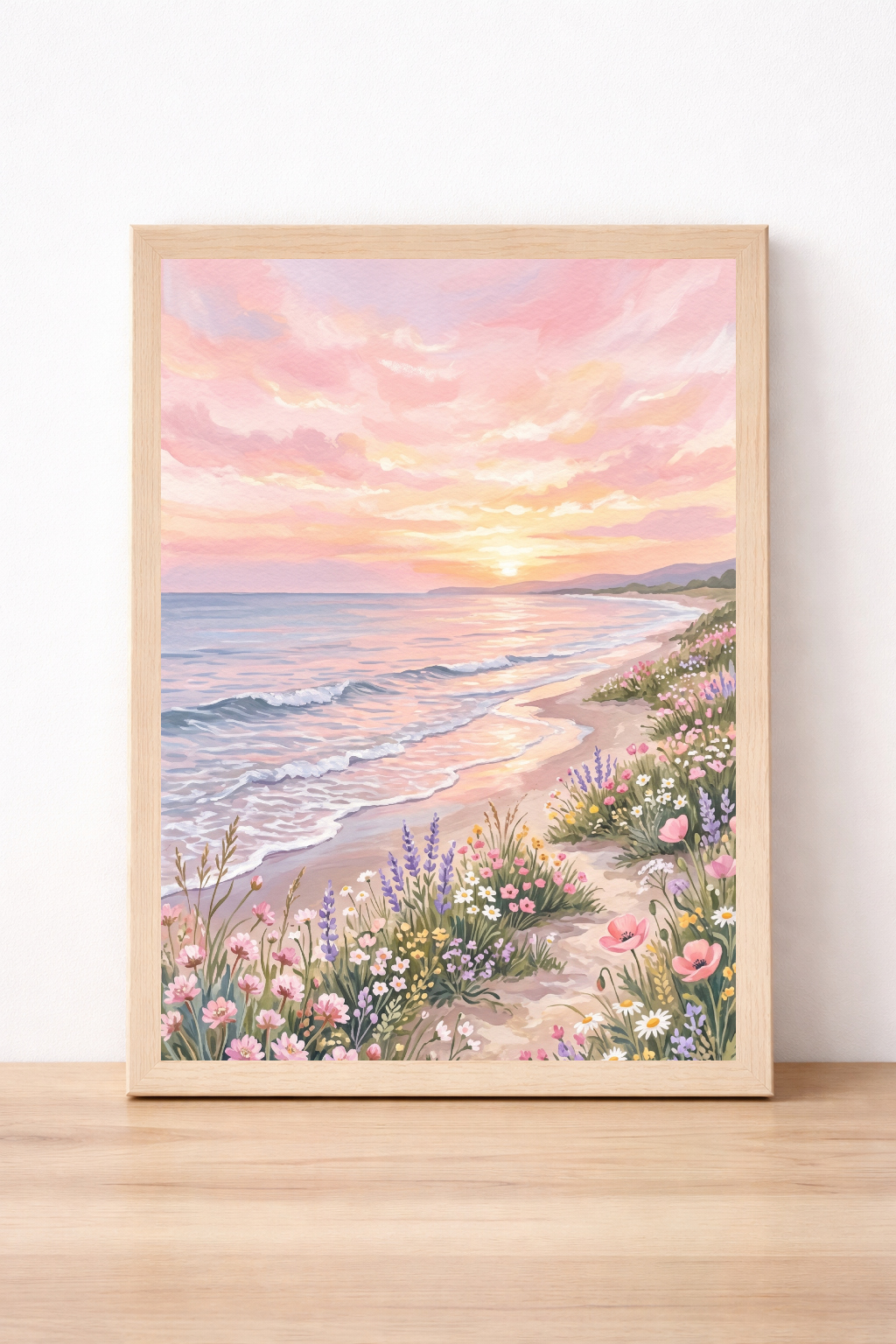 Pastel Sunset Beach Wall Art, Summer Coastal Landscape Print, Floral Seaside Decor