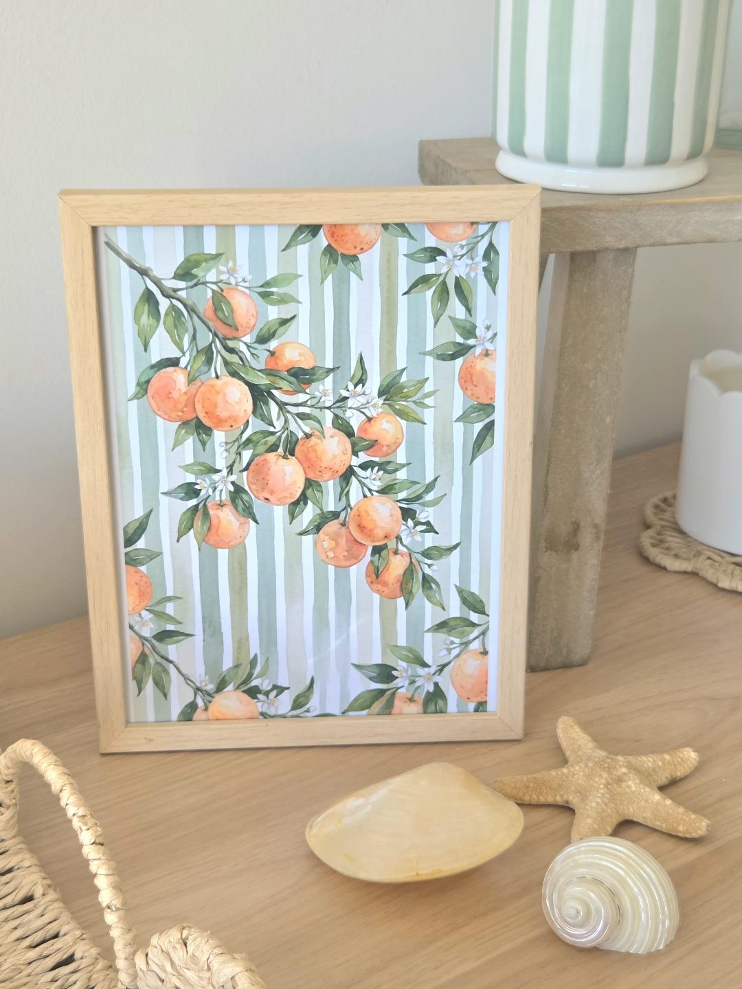 Orange Branch Summer Wall Art, Watercolour Citrus Branch Print, Botanical Home Decor, Rustic Kitchen Illustration