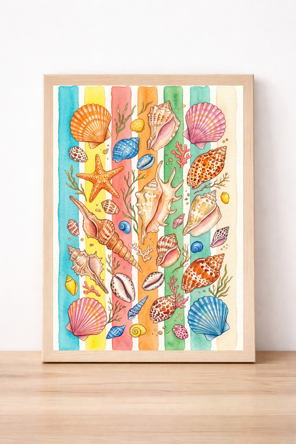 Colourful Seashell Watercolour Print, Summer Beach Wall Art, Coastal Nautical Decor