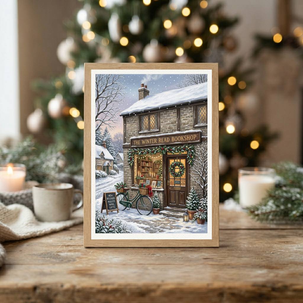 Winter Bookshop Christmas Print, Snowy Holiday Scene Wall Art, Rustic Festive Decor