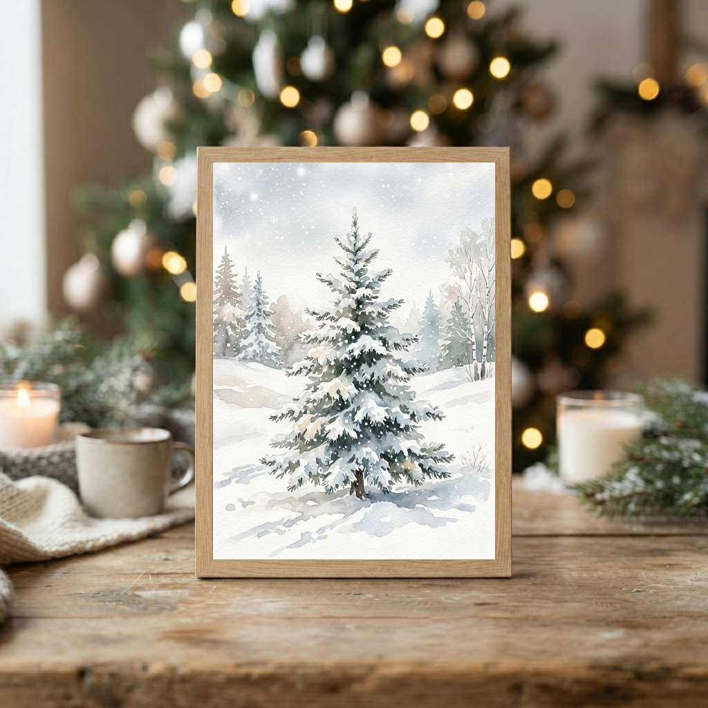 Snowy Christmas Tree Wall Art, Winter Wonderland Print, Rustic Holiday Decor