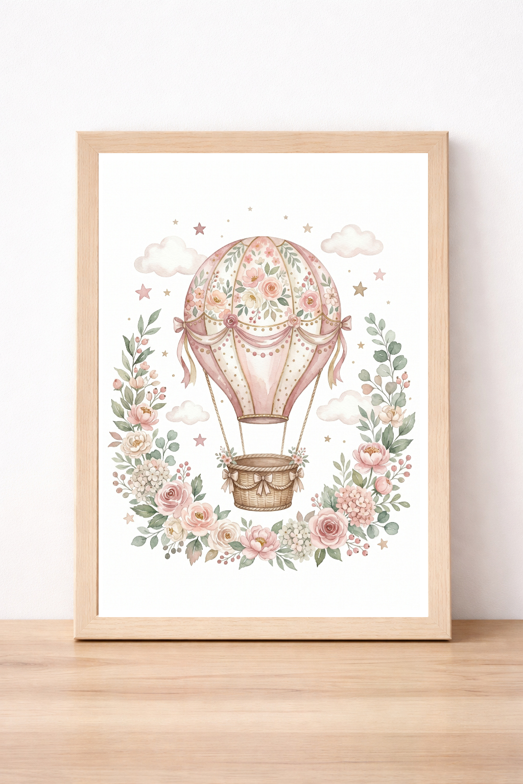 Pink Hot Air Balloon Children's Print, Floral Nursery Wall Art, Whimsical Pastel Decor