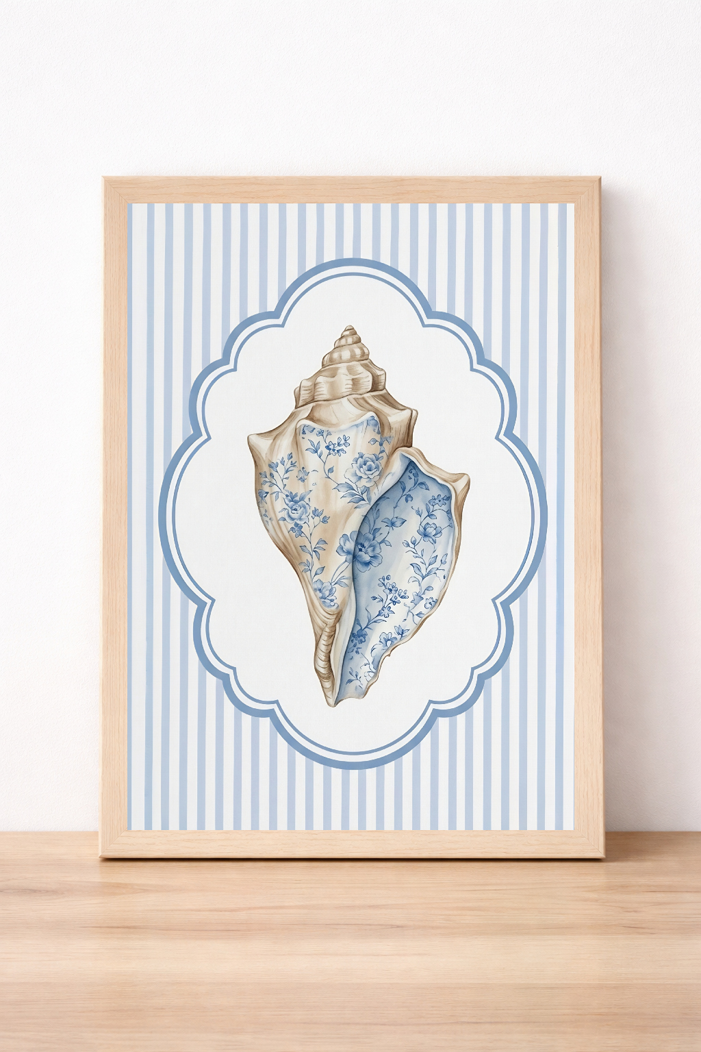 Blue And White Seashell Wall Art, Coastal Summer Print, Nautical Home Decor, Kitchen Illustration