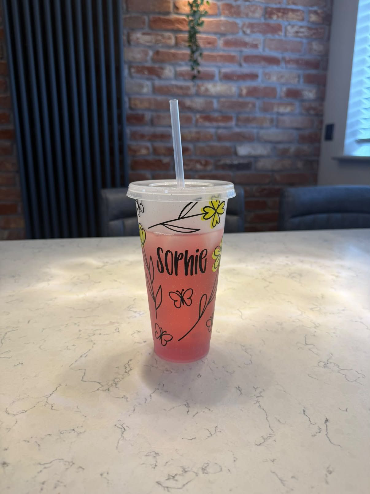 Personalised Name Floral Butterfly Tumbler Venti Cold Cup 24oz - With Straw