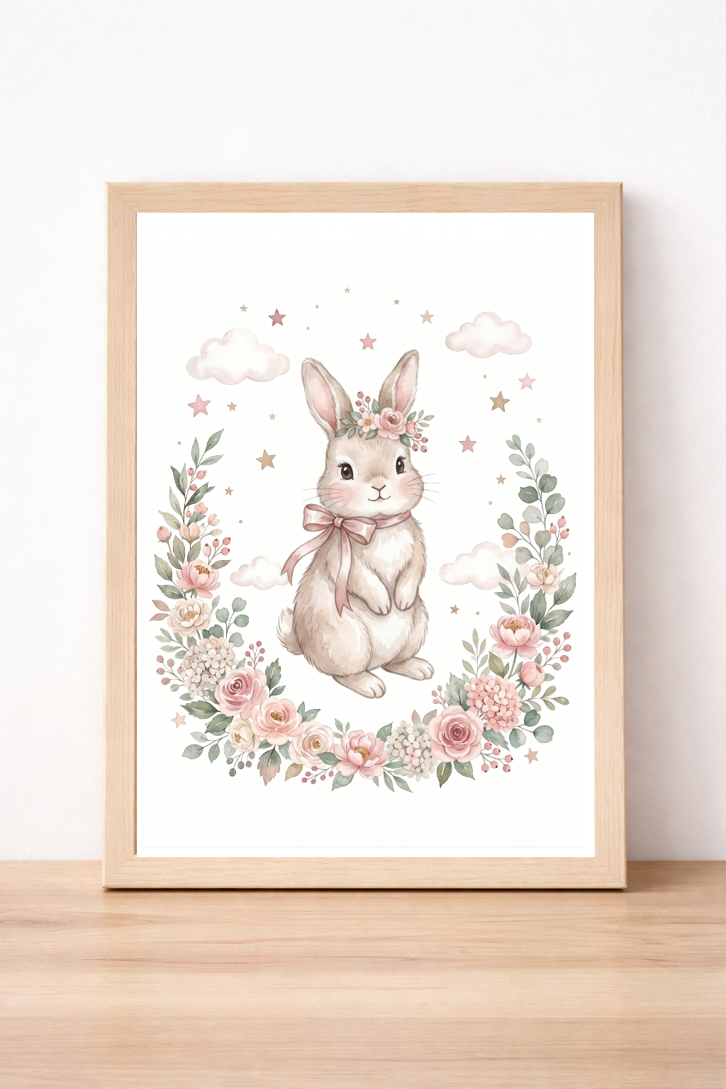 Pastel Bunny Children's Print, Floral Nursery Wall Art, Whimsical Animal Illustration, Kids Room Decor
