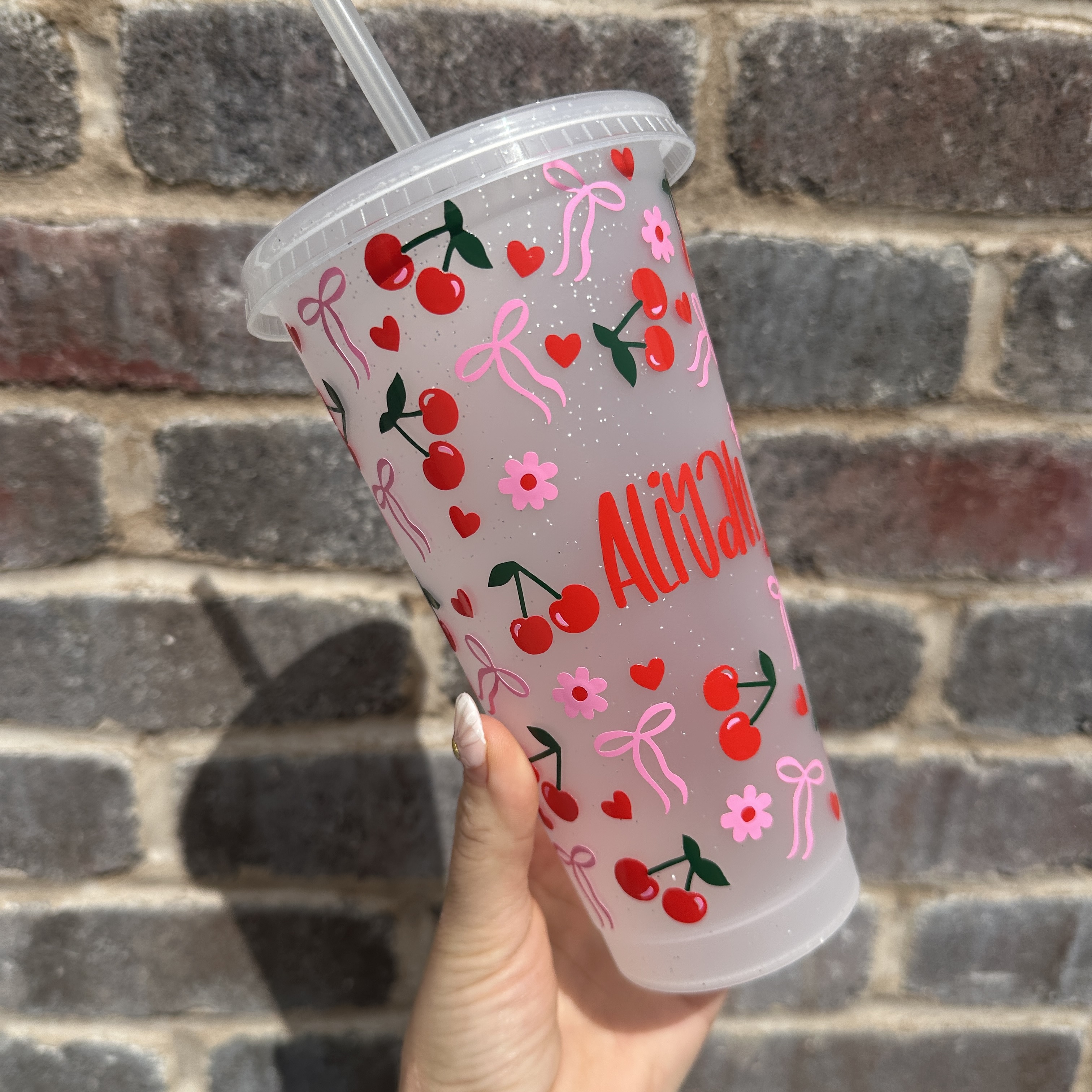 Personalised Cherry Pattern Cold Cup, Pink Floral Design, Fun Summer Drinkware