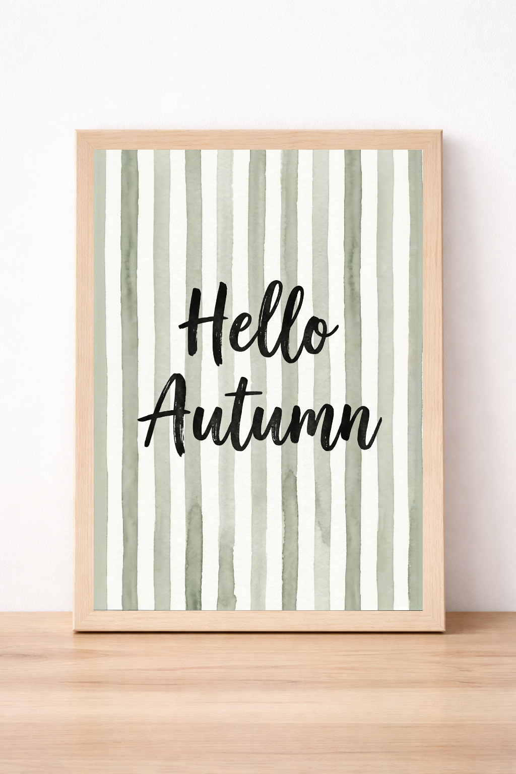 Hello Autumn Typography Print, Sage Watercolour Striped Wall Art, Minimalist Seasonal Home Decor