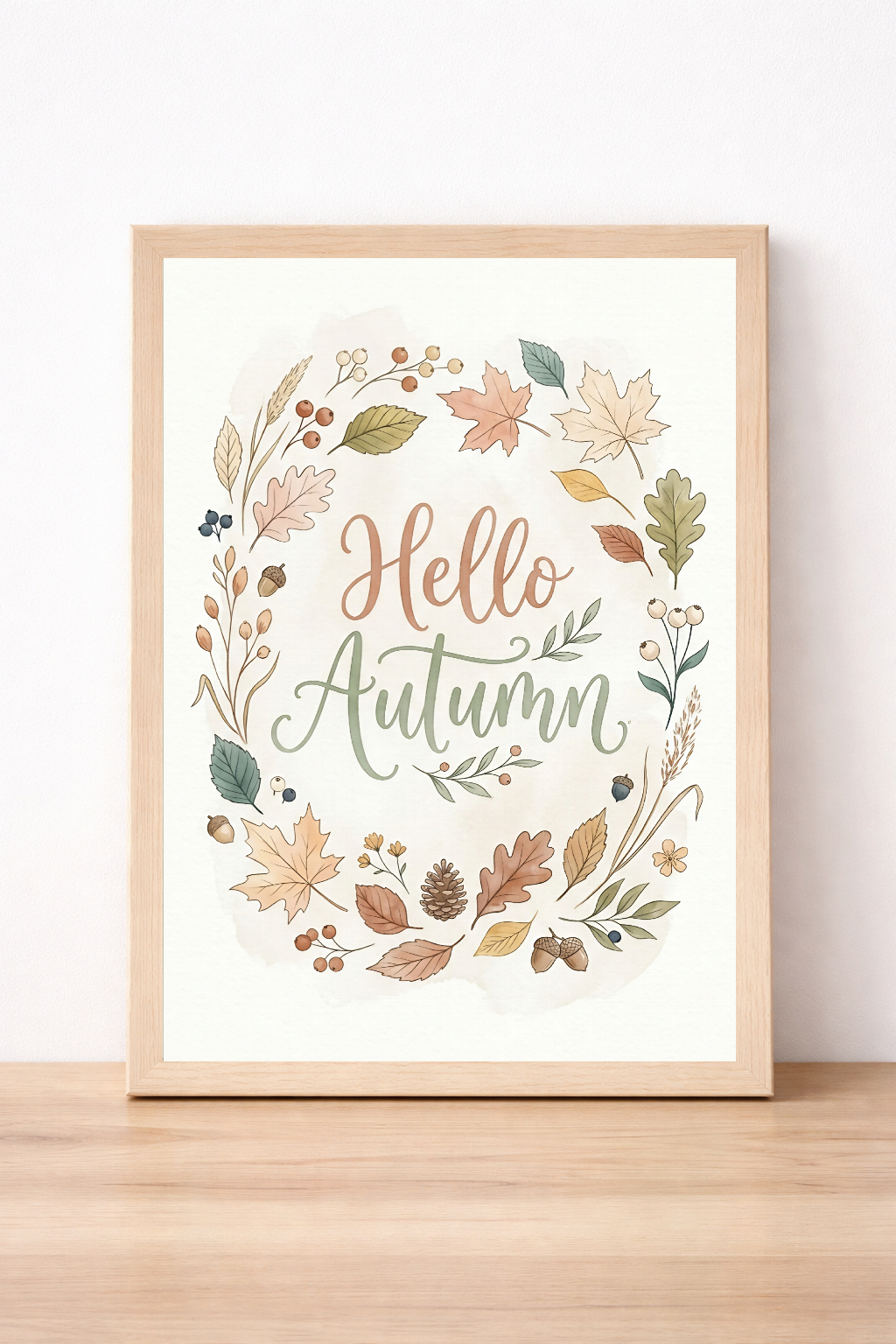Hello Autumn Neutral Wall Art, Watercolour Leaf Wreath Print, Seasonal Botanical Home Decor