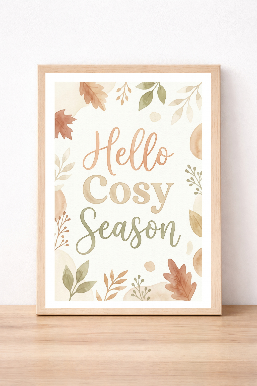 Hello Cosy Season Autumn Wall Art, Watercolour Leaf Print, Rustic Home Decor