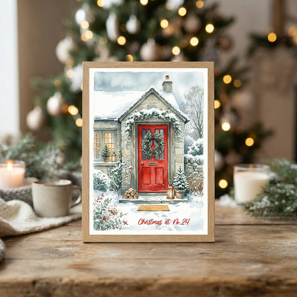 Christmas At The No, Red Door Festive Cottage Wall Art, Winter Holiday Decor, Rustic Home Illustration