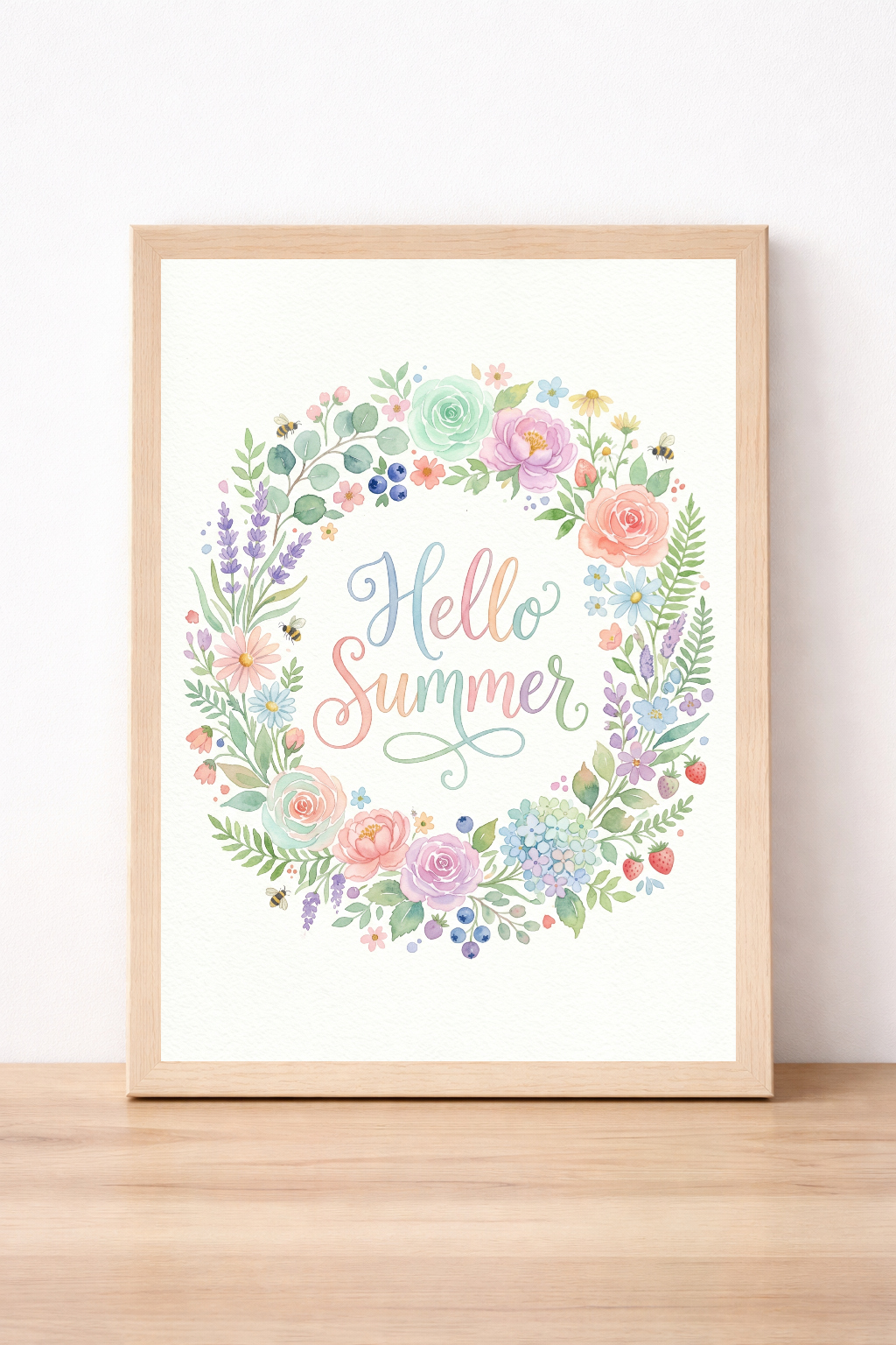 Hello Summer Floral Wreath Wall Art Pastel Watercolour Print Botanical Home Decor