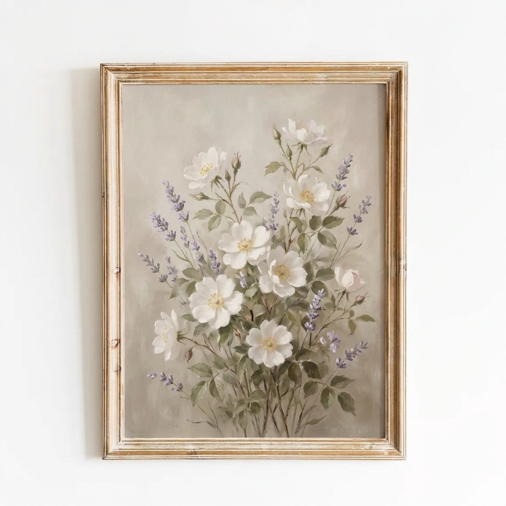 White Rose And Lavender Wall Art, Vintage Floral Print, Rustic Botanical Home Decor