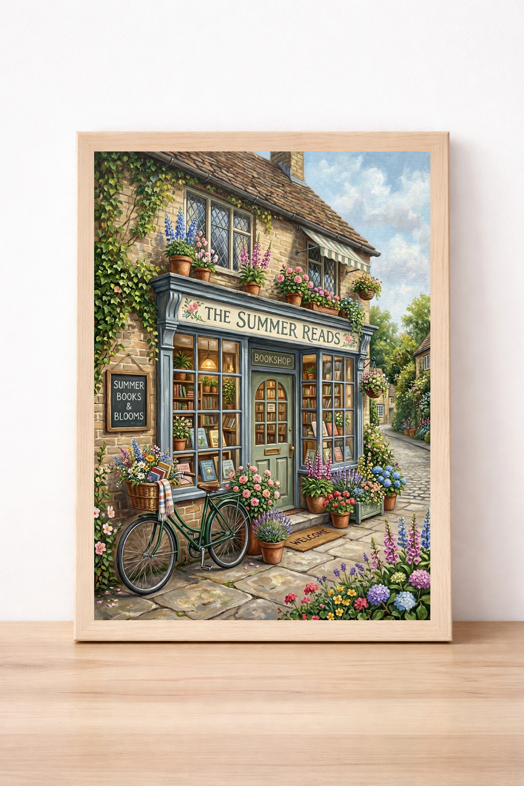 Summer Bookshop Wall Art, Charming Cottage Print, Floral Village Scene Decor
