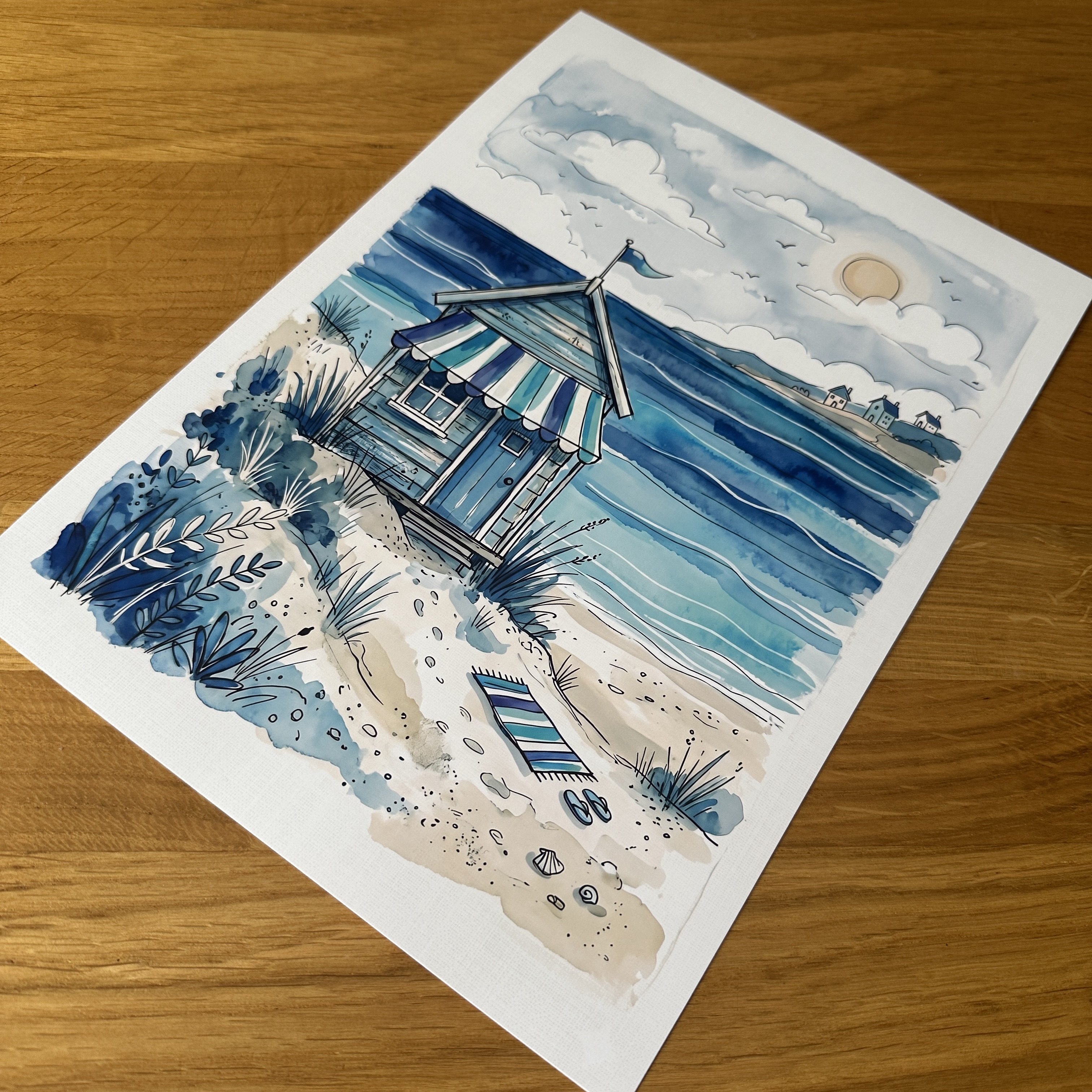 Whimsical Coastal Beach Hut Wall Art, Summer Seaside Illustration, Watercolour Ocean Scene Decor